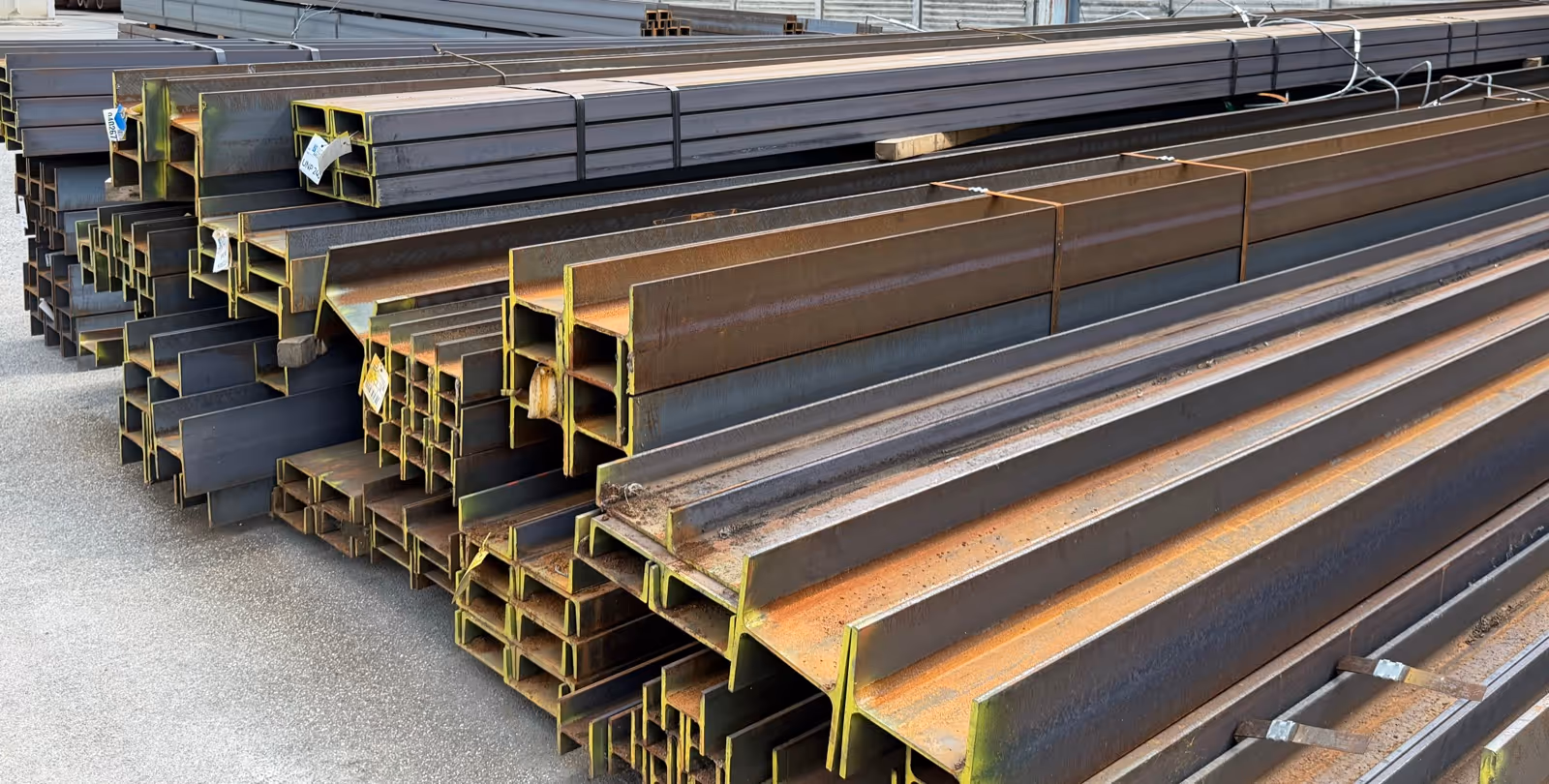 IPE, HEA and UPN beams stacked in the warehouse